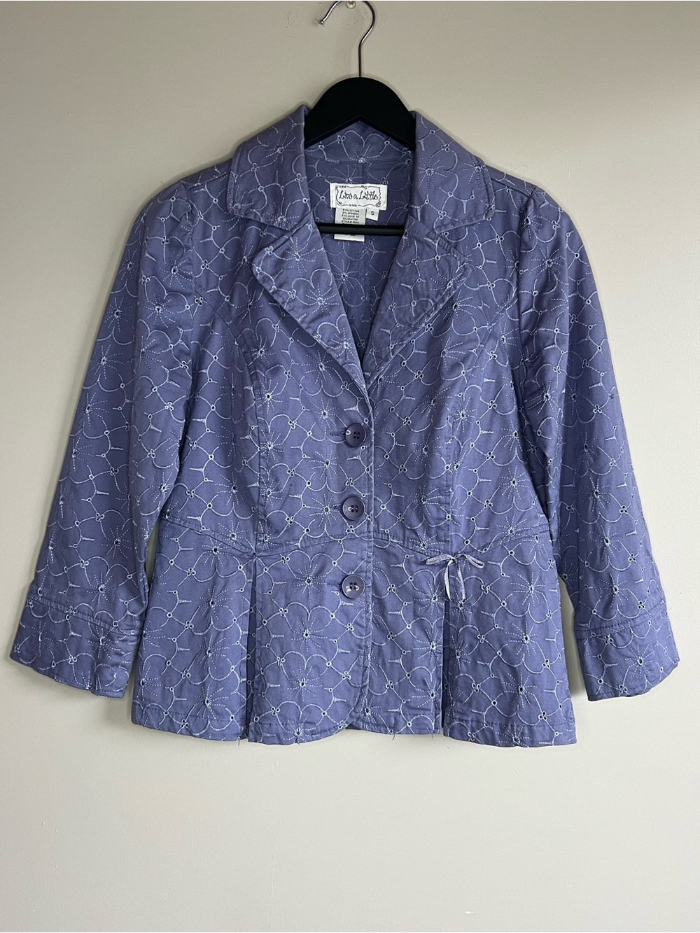 Live A Little Embroidered Blazer Jacket Purple Floral Lightweight Cotton Stretch